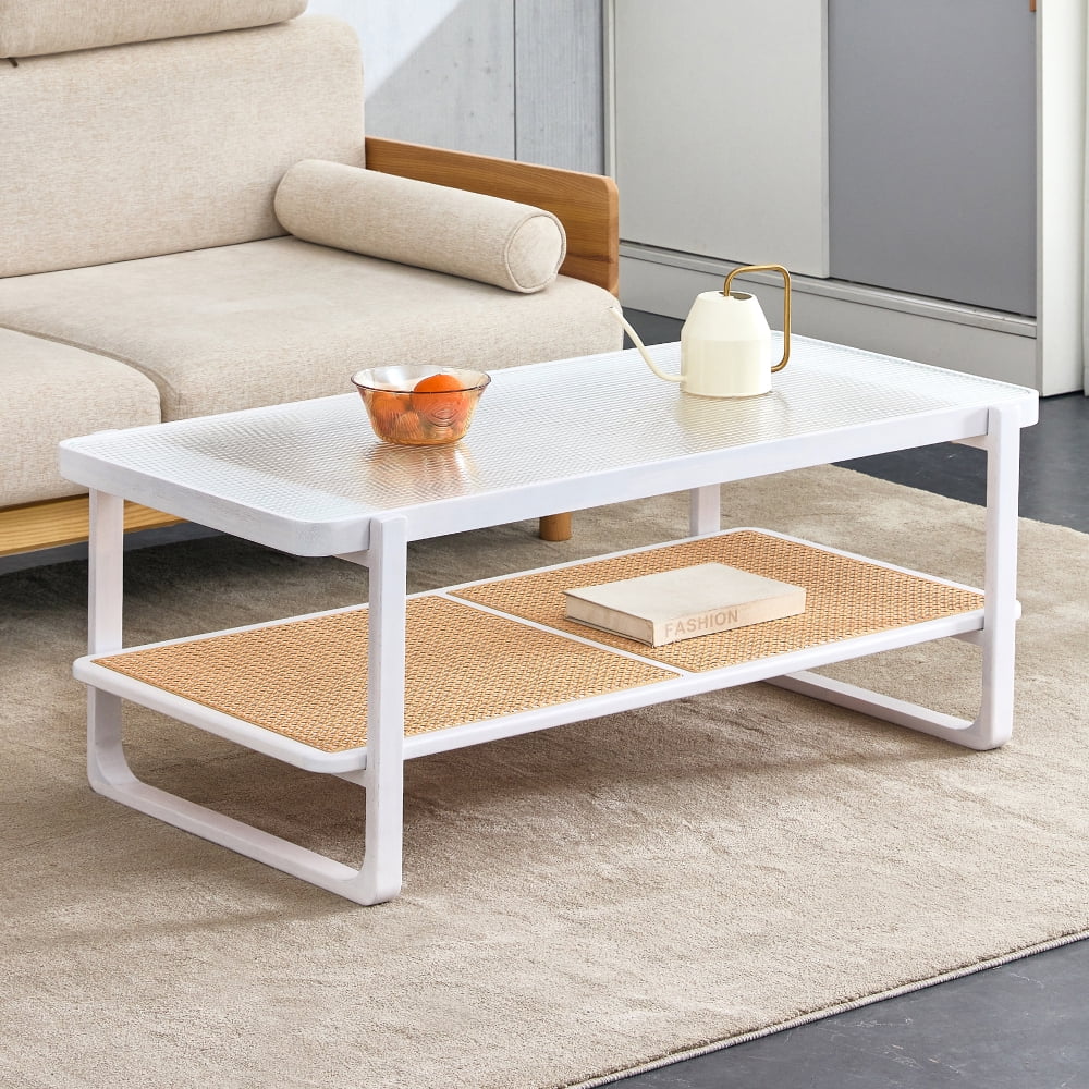 Glass Top Imitation Rattan Solid Wood Side Table, White - W1151134809
