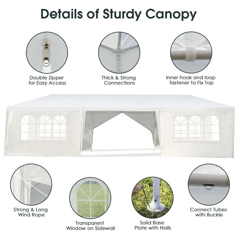 Outdoor Party Wedding Event Canopy Tent, 10 ft x 30 ft, White, 6 Removable Sidewalls, 2 Doorways