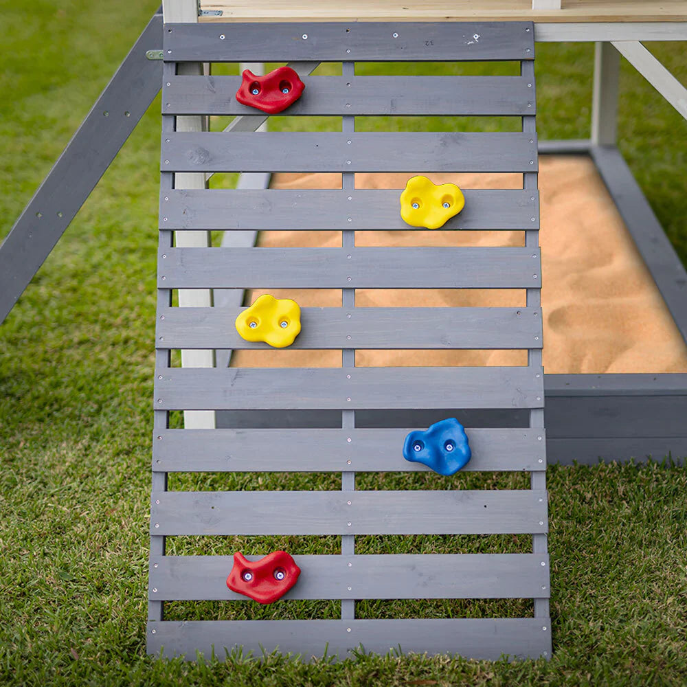 Rovo Kids Wooden Tower Cubby House, Grey, 236 x 176 x 248cm, With Slide, Sandpit And Climbing Wall - PLYCBHRV4GYA