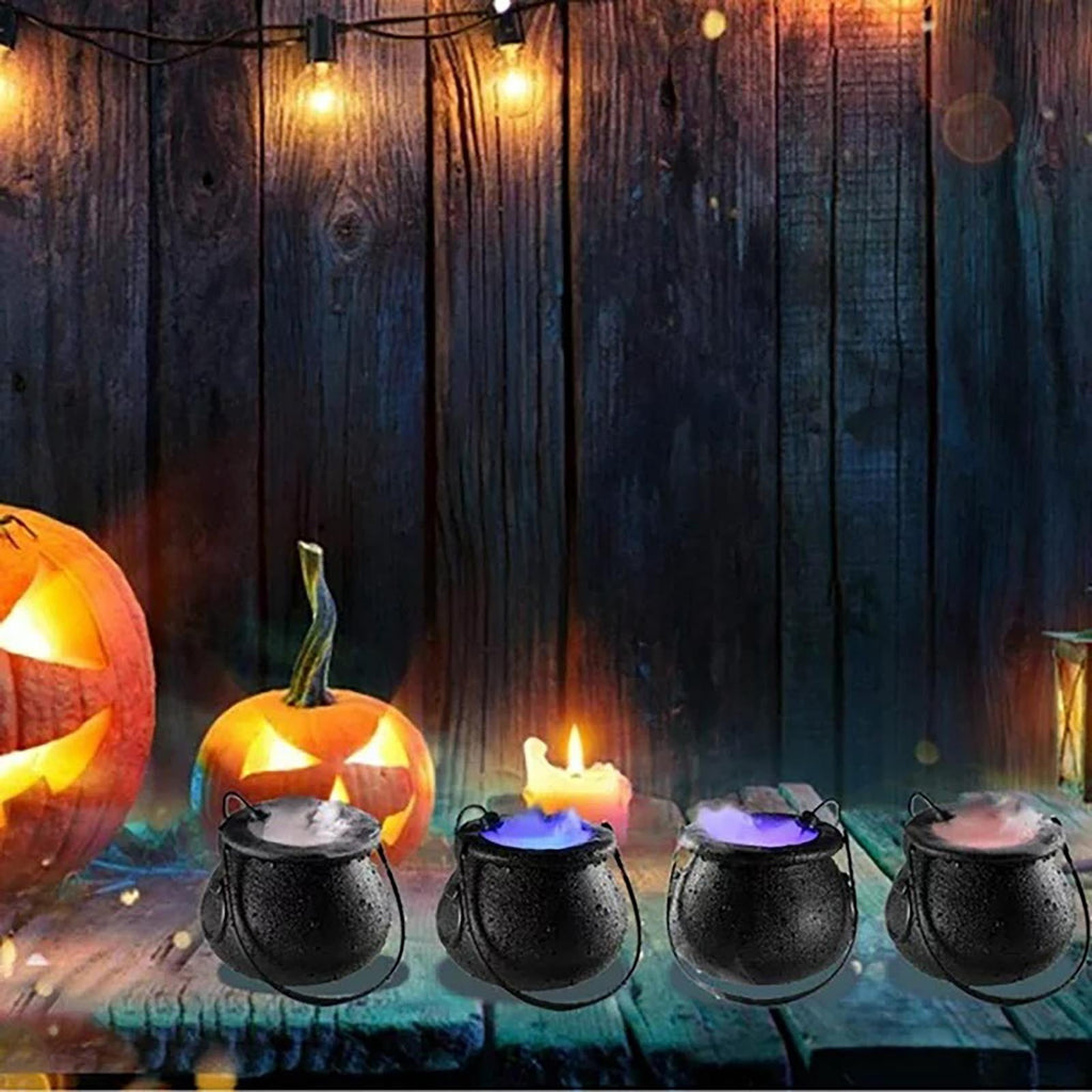 Halloween Decorations Cauldron Mister 12 LED Mist Maker Fogger Cauldron Witch Jar Atomizer Lamp Punch Bowl Candy Fire Flame Bucket Fogger Misting Cauldron Party Favors