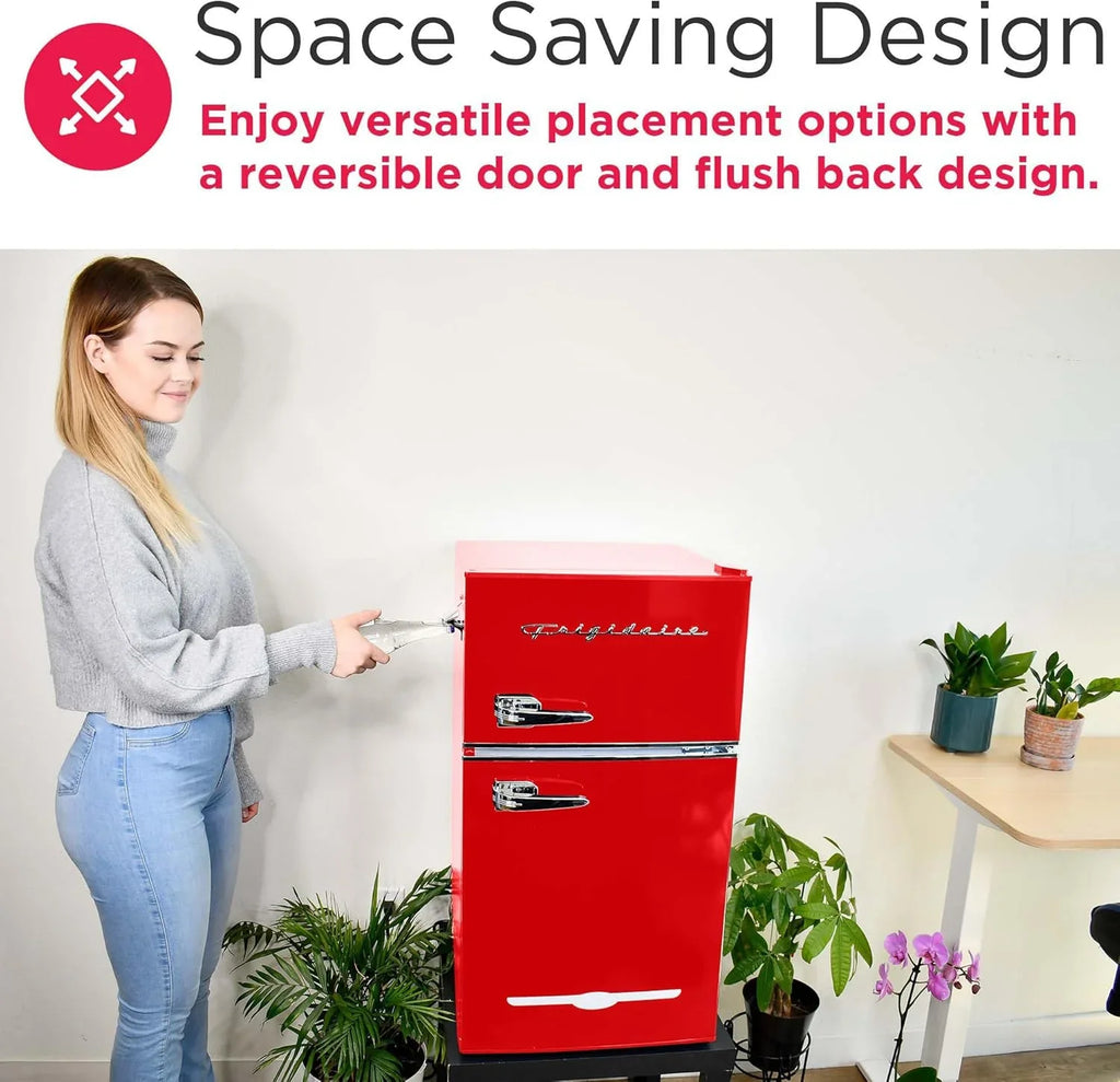 Frigidaire Retro 2 Door Mini Refrigerator With Freezer And Side Bottle Opener, 3.1 Cu Ft, 19in D x 20.5in W x 33.5in H