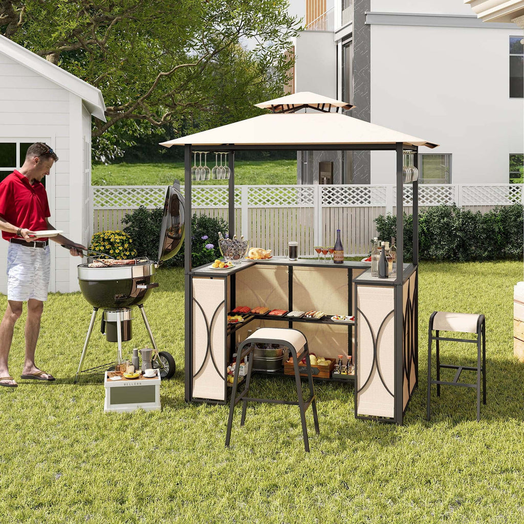 Costway 3-Piece Grill Gazebo Bar Set With 2 Bar Stools And Tempered Glass Top - Grey