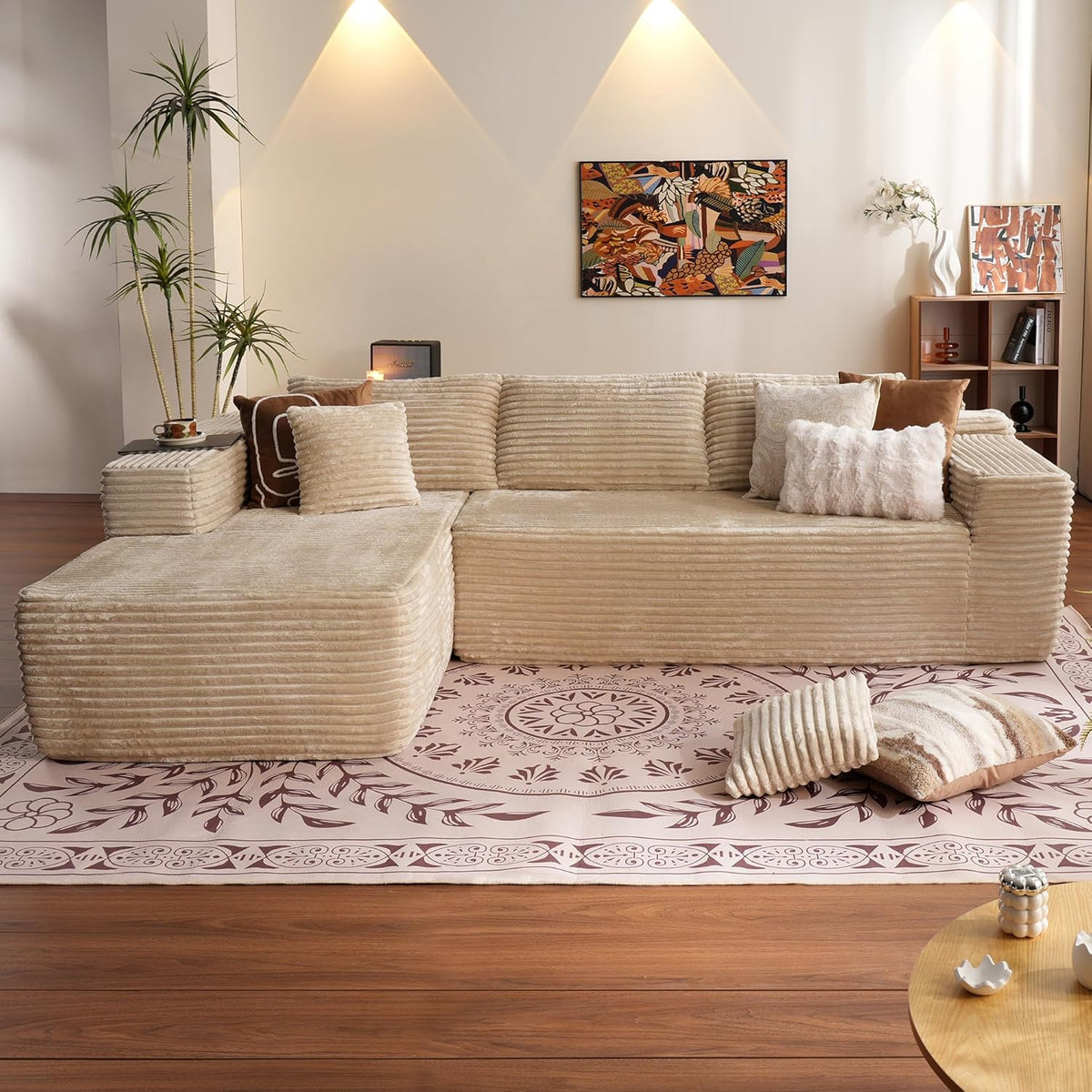 ovios 104in L-Shape Sectional Sofa With Chaise, Grey Plush Corduroy Fabric