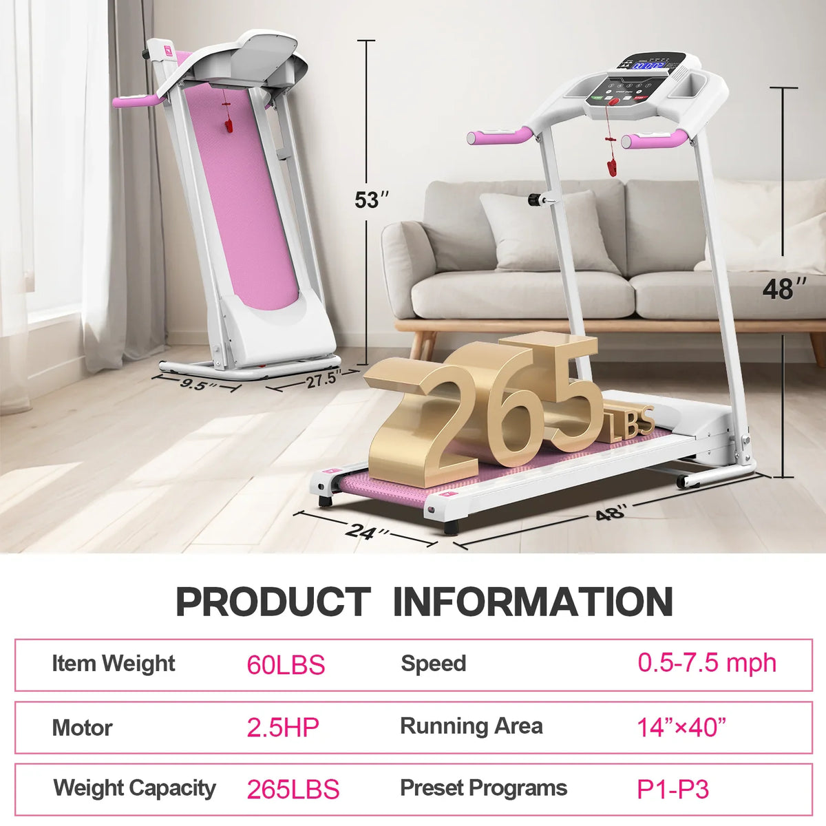FYC Foldable Home Treadmill, 2.5 HP, 7.5 MPH, 40x14 in Running Belt