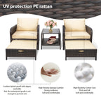 LEVELEVE 5 Piece Patio Conversation Set With PE Wicker Rattan, Cushions, 2 Ottomans And Glass Table