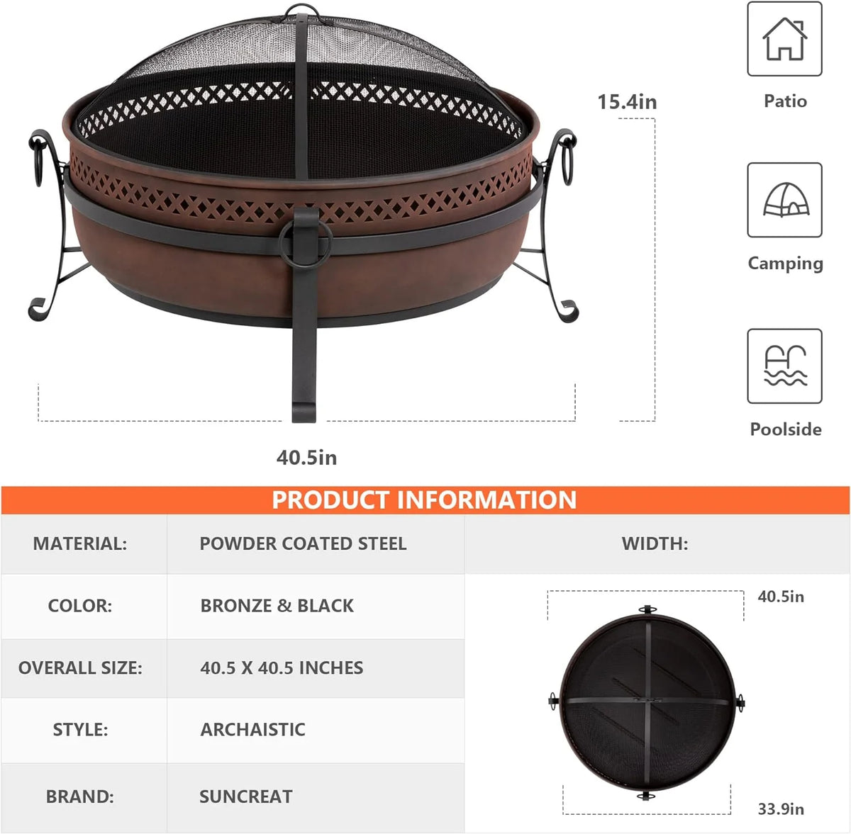 SUNCREAT 42-Inch Wood Burning Patio Fire Pit, Black, 42.1 Inch Diameter x 25.2 Inch High