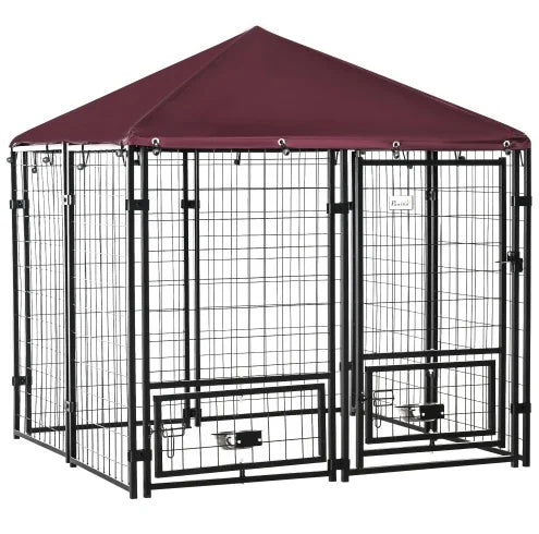 Outdoor Dog Kennel With Rotating Bowl Holders, 5 ft x 5 ft x 5 ft, Black And Red