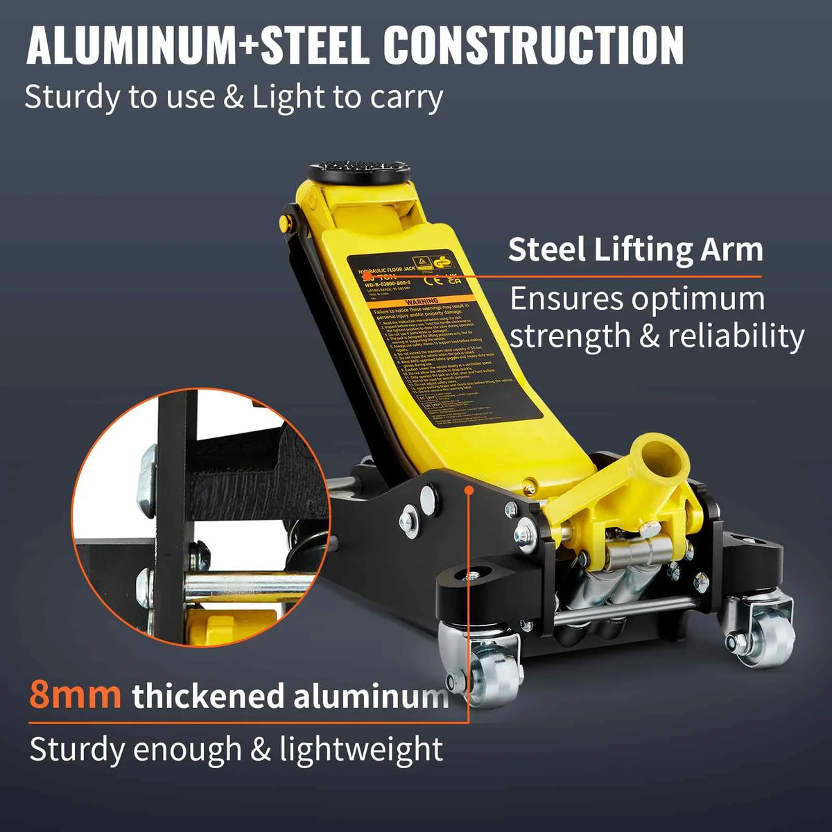 BENTISM Low Profile Floor Jack 3 Ton (6600 lbs), Aluminum And Steel, Yellow And Black - QJD-LTD030A-00