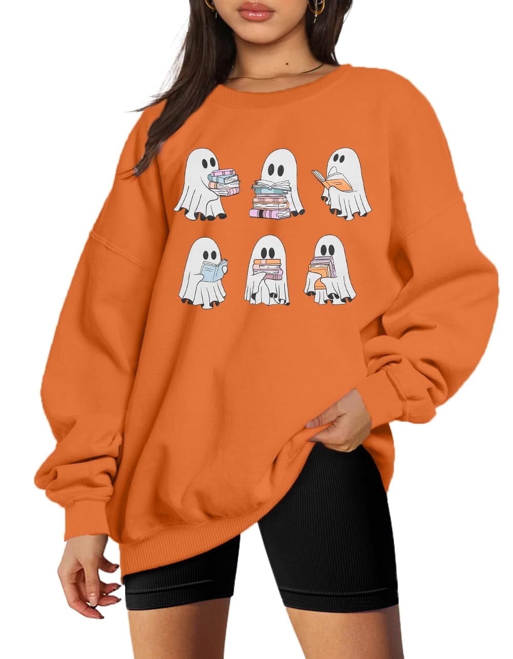 KimSoong Halloween Sweatshirts for Women Ghost Reading Books Sweater Cute Spooky Bookish Shirt Fall Pullover Tops