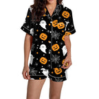 ChenYiFH Halloween Pajama Sets For Women 2 Piece Pumpkin Print Shirts And Pajamas Shorts Button Down Short Sleeve Sleepwear Black S