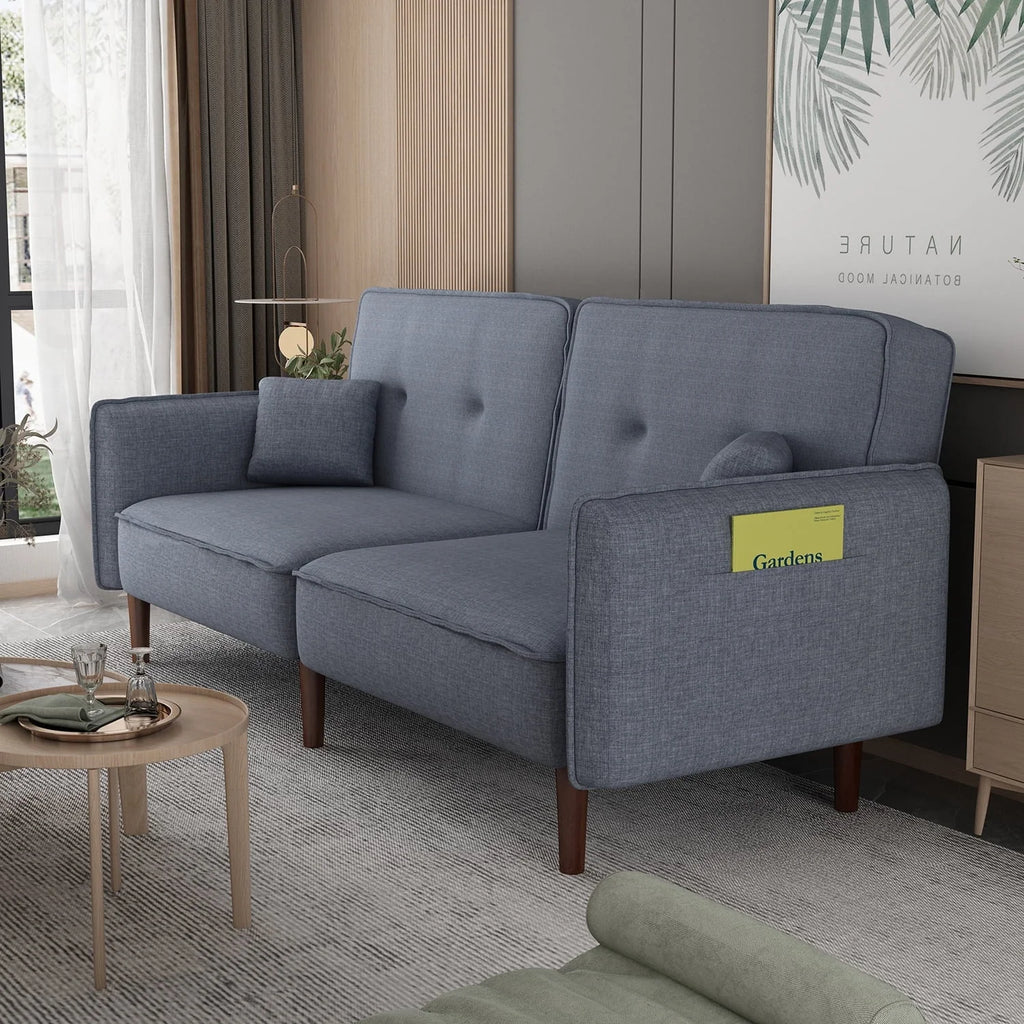 Modern Grey Fabric Futon Sofa Bed With Solid Wood Legs And Accent Pillows