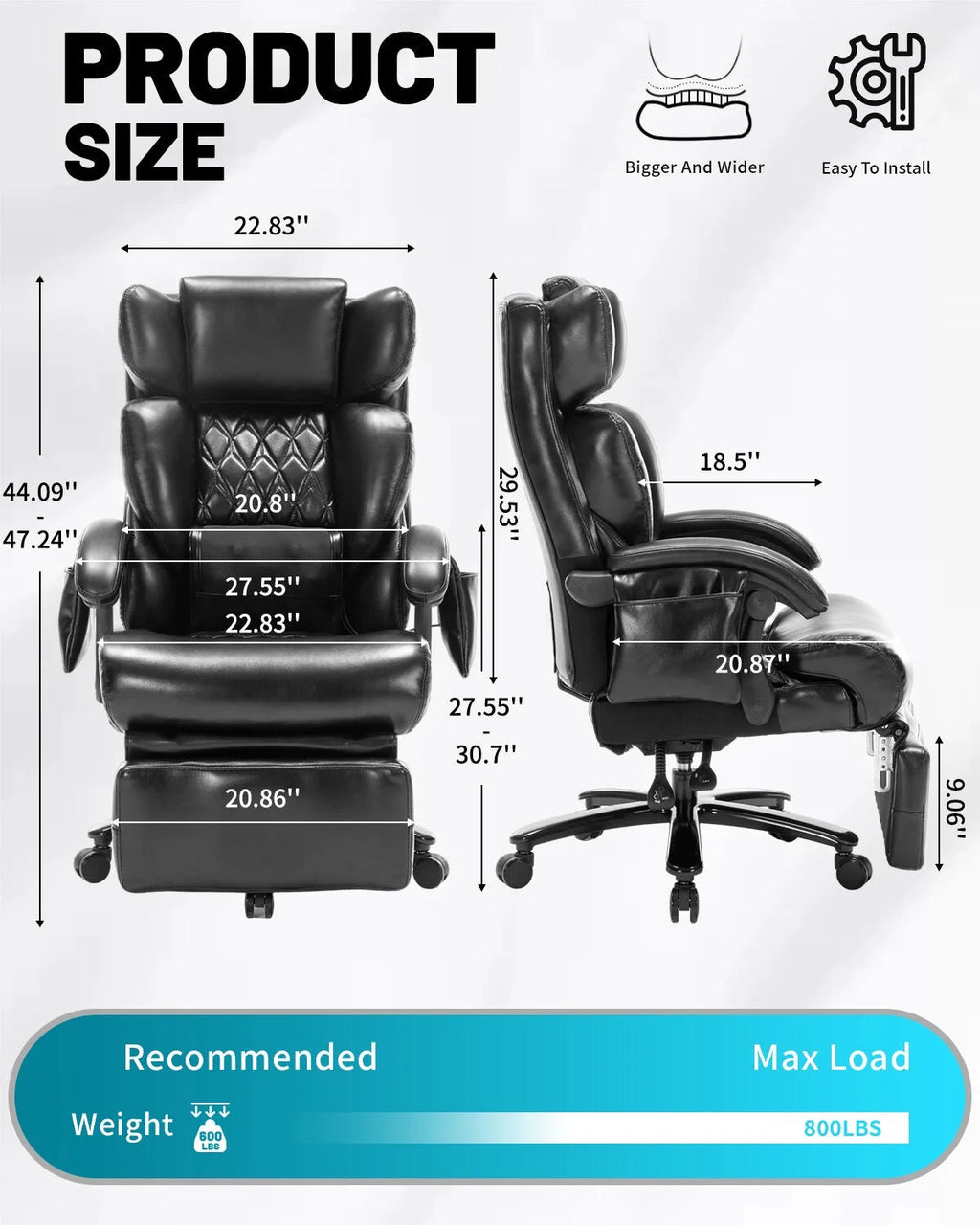 Big And Tall Executive Office Chair, 800 Lbs, 8-Node Massage, Heat, PU Leather, Adjustable Footrest