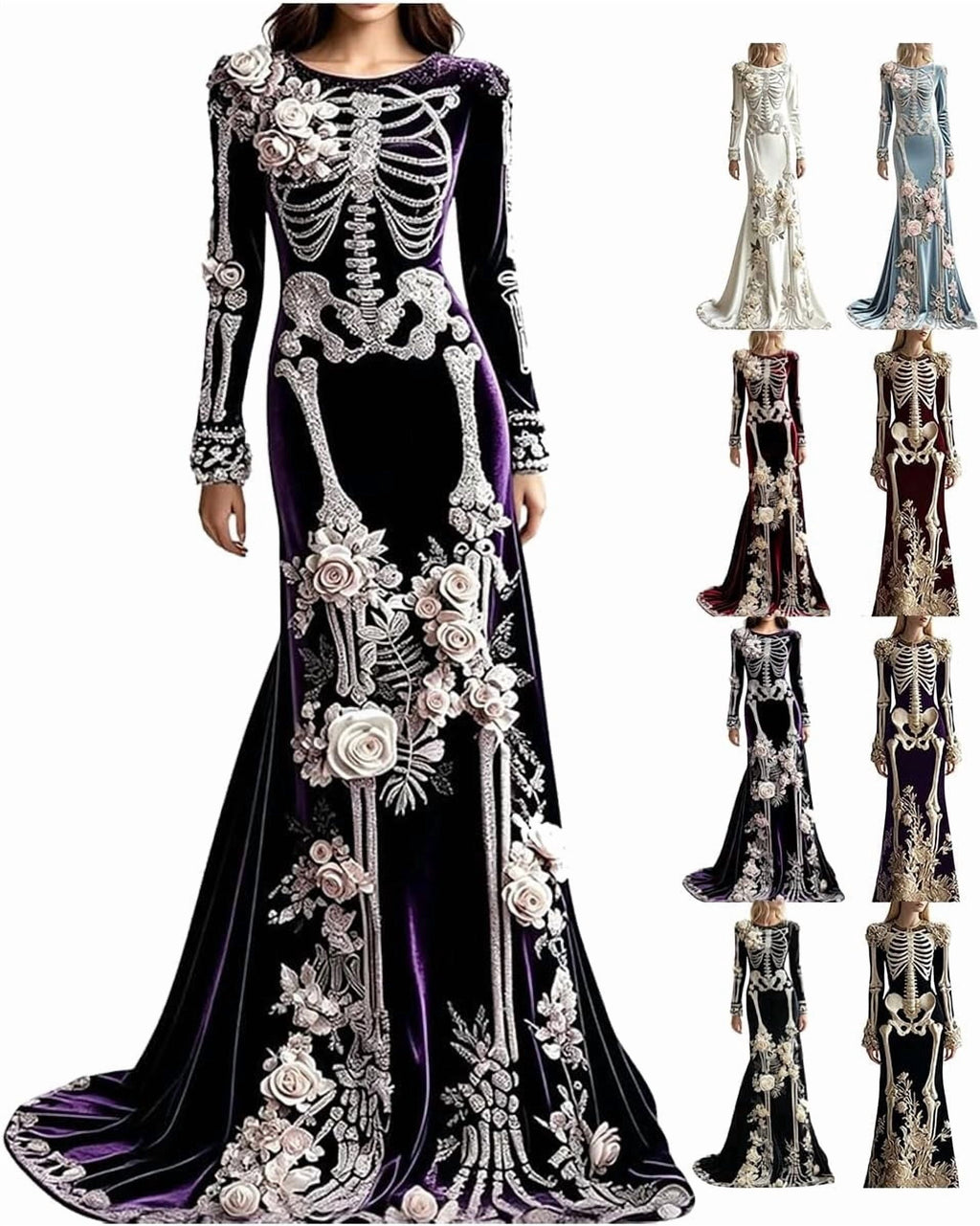 Women Skeleton Dress 3D Print Velvet Floral Long Sleeve Halloween Costumes, Skeleton Costume for Women Cosplay Party
