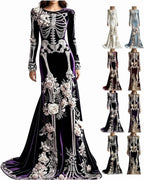Women Skeleton Dress 3D Print Velvet Floral Long Sleeve Halloween Costumes, Skeleton Costume for Women Cosplay Party
