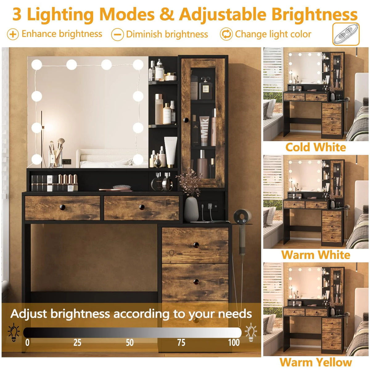 VEANERWOOD Makeup Vanity Desk With Lighted Mirror, Power Strip, 5 Drawers, White - 39.4in x 15.7in x 56.7in