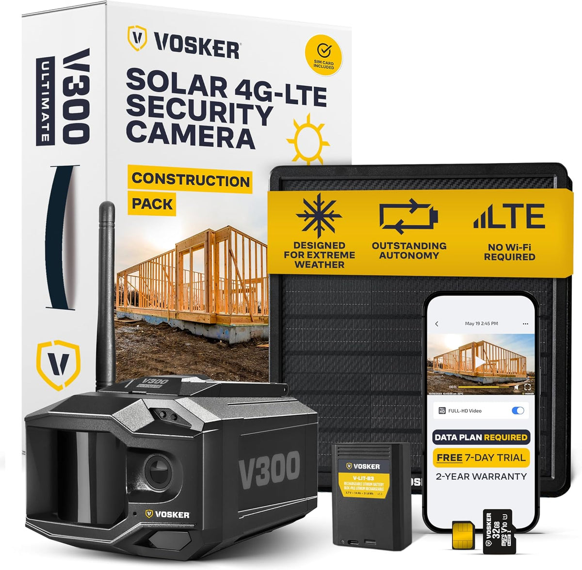 Vosker Outdoor Security Camera With External Solar Panel, 4G LTE, Black, Single Unit With Battery - V300 Ultimate Construction Pack