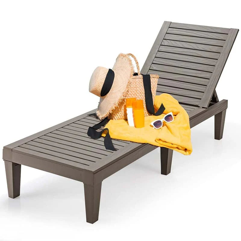 Outdoor Patio Chaise Lounge Chair Recliner - Adjustable 5 Positions, Wood Texture Design