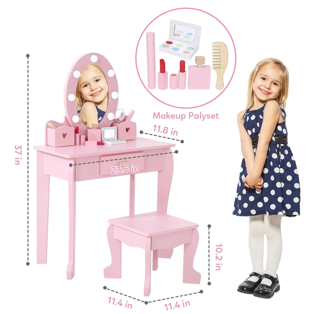 Kids Wood Vanity Table And Chair Set With Lights, Mirror, Drawer And Stool