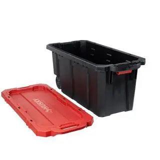 Husky Heavy Duty Stackable Storage Tote With Wheels, 45 Gal, 45.24 x 20.87 x 18.96 in, Black/Red Lid