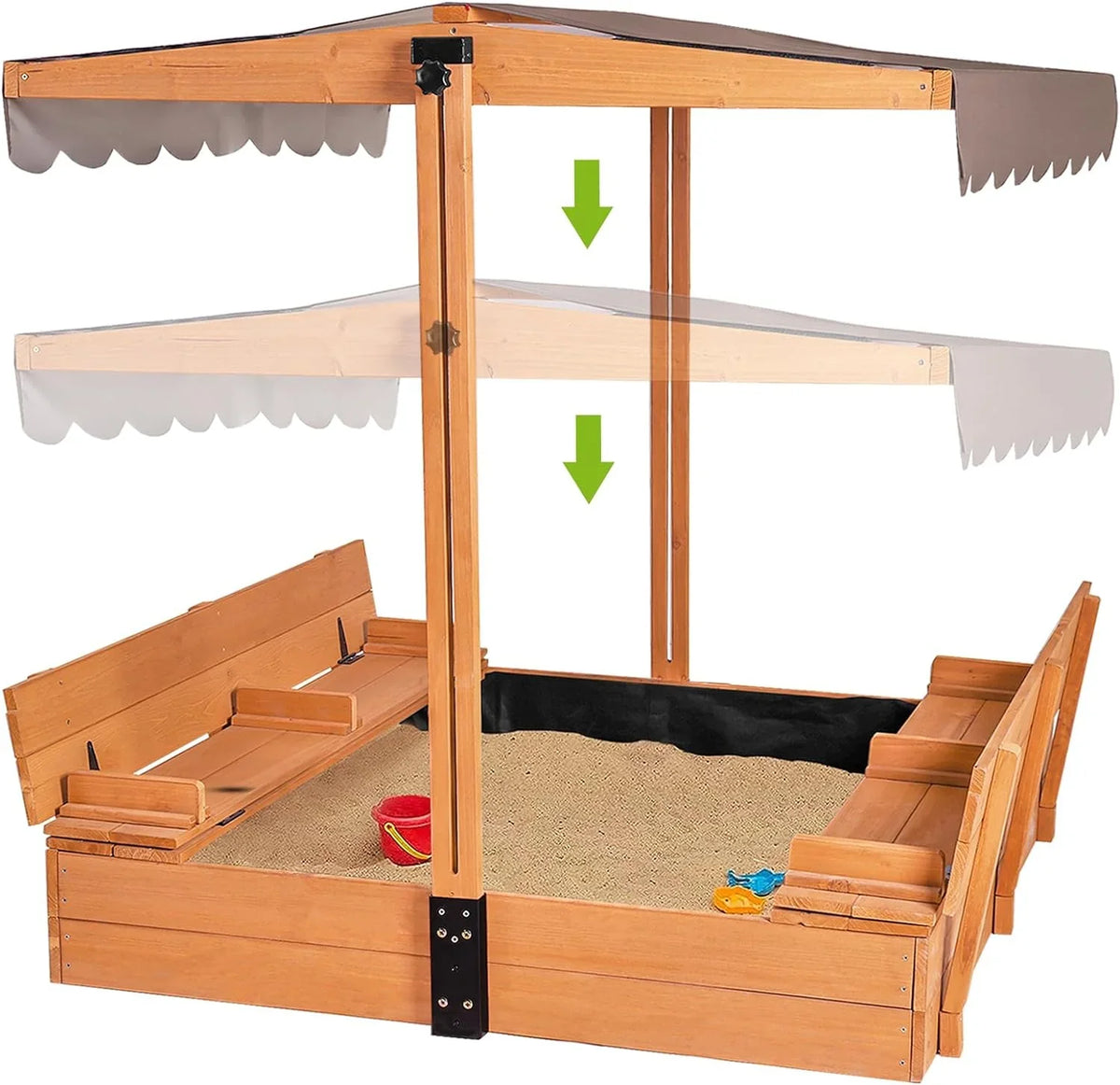Kids Wooden Outdoor Sandbox With Retractable Canopy, 2 Foldable Bench Seats, 47 x 47 Inch