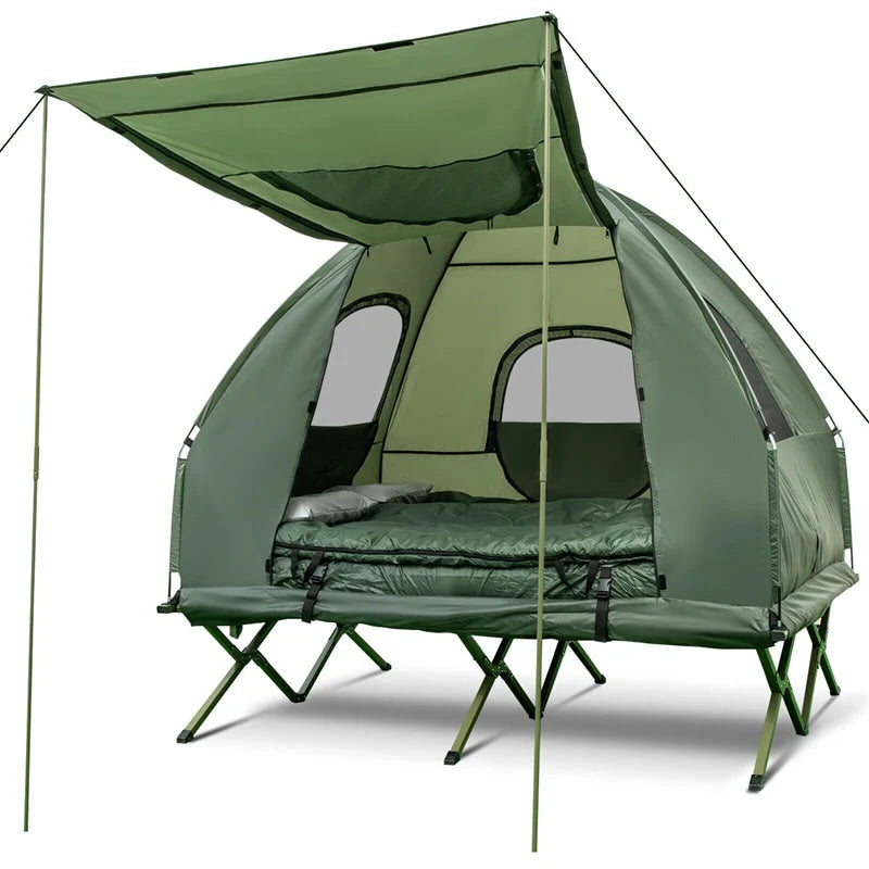 5-in-1 2-Person Portable Camping Tent Cot With Air Mattress, Sleeping Bags And Sunshade - Green & Blue