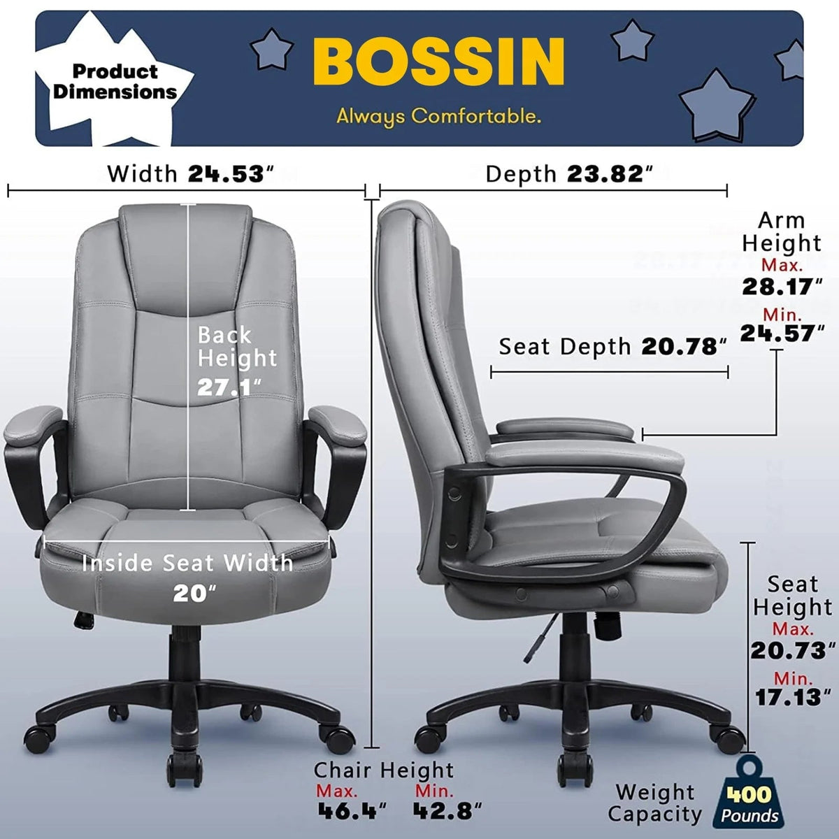 High-Back Ergonomic Leather Executive Office Chair, 400 lb Capacity