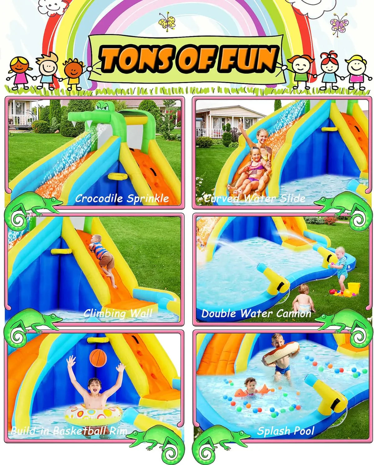 ROOJER Inflatable Water Slide Bounce House 8-in-1 With 450W Blower - Crocodile Water Park