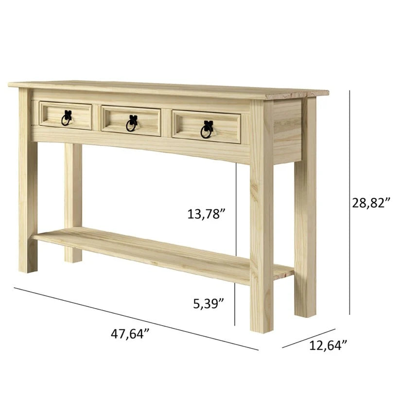 Solid Pine Wood Console Table With 3 Drawers - 47.99in W x 12.64in D x 28.82in H