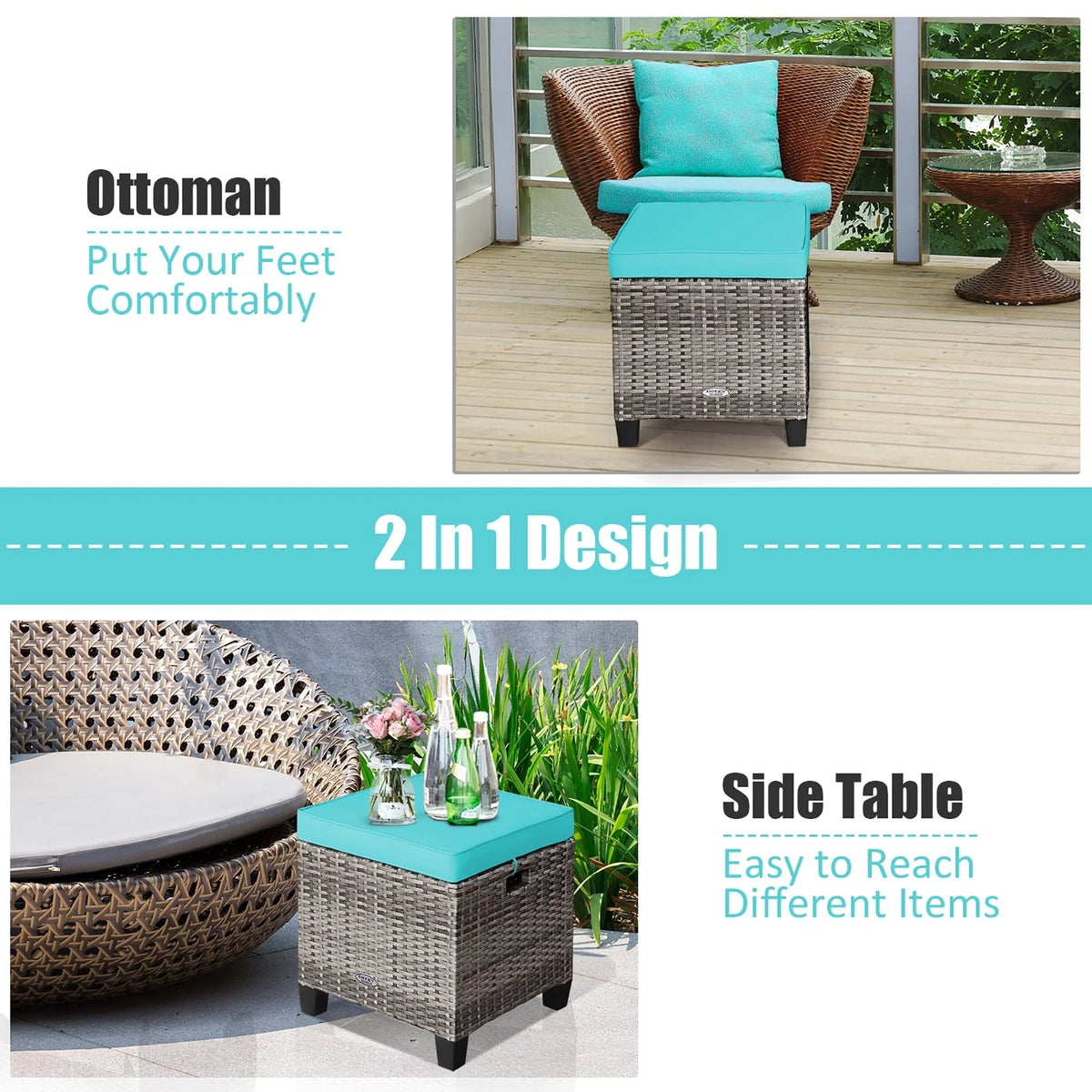 Costway 2-Piece Patio Rattan Cushioned Ottoman Set, 16 x 16 x 18 in, Turquoise