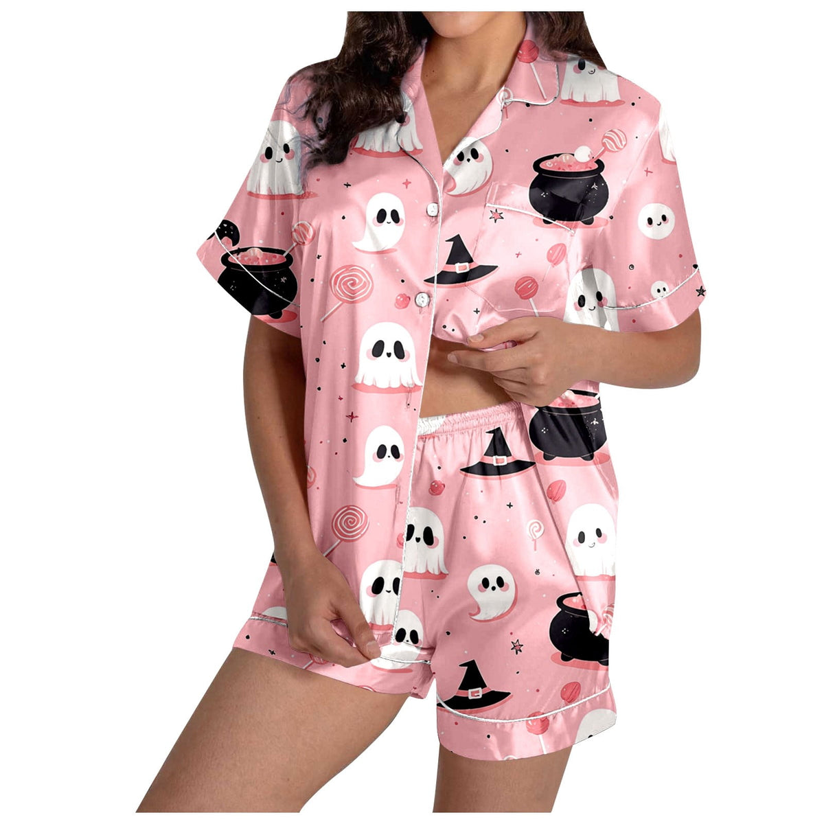 MEZZALL Women Halloween Printed Pajama With Lapel Collar Short Sleeve Tops And Shorts For Home Wear Cozy For Lightweight And Breathable Comfort Relaxed Fit 2 Piece Pjs