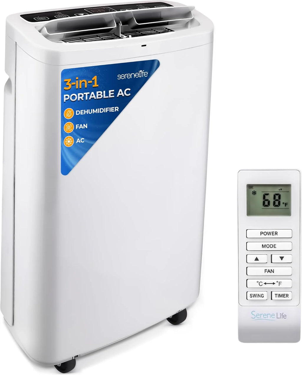 SereneLife Portable Air Conditioner 10,000 BTU Cooling, 9,000 BTU Heating, White
