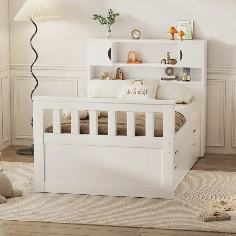 Twin/Full Captain Platform Bed With 4 Drawers And Storage Bookcase Headboard