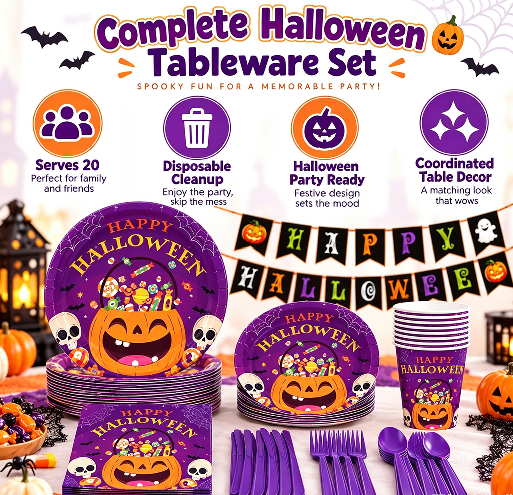 Halloween Paper Plates for Halloween Party Decoration Disposable Cups Napkins Table Cover for Halloween Banner Birthday Party Supplies Serve 20 Design 3