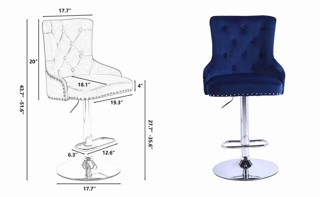 Alexent 2-Piece Swivel Bar Stools, Dark Blue, 43.7-51.6 H, 19.3 W x 18.1 D - Silver Footrest