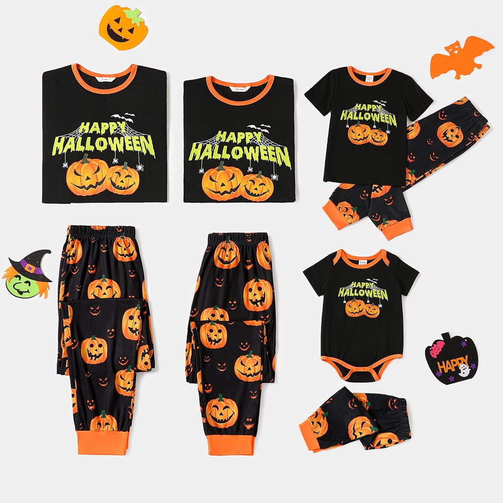 PatPat Halloween Pajamas Kids Holiday Pjs Family Matching Letter & Bat Print Short Sleeve Sleepwear Sets for Women Girls Boys, Black & Orange, L