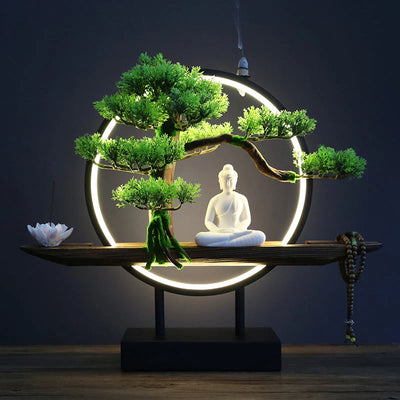 Porcelain Gautama Sakyamuni Buddha Statue Decorative Set With LED Light And Incense Burner - 15.0cm x 12.5cm x 8.5cm, 39.0cm x 48.0cm x 10.0 cm