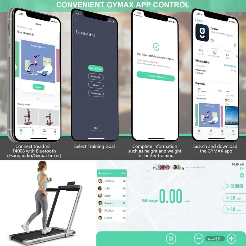 2 In 1 Folding Treadmill, 2.25 HP, 40 in x 16 in Running Area, Dual Display And App Control