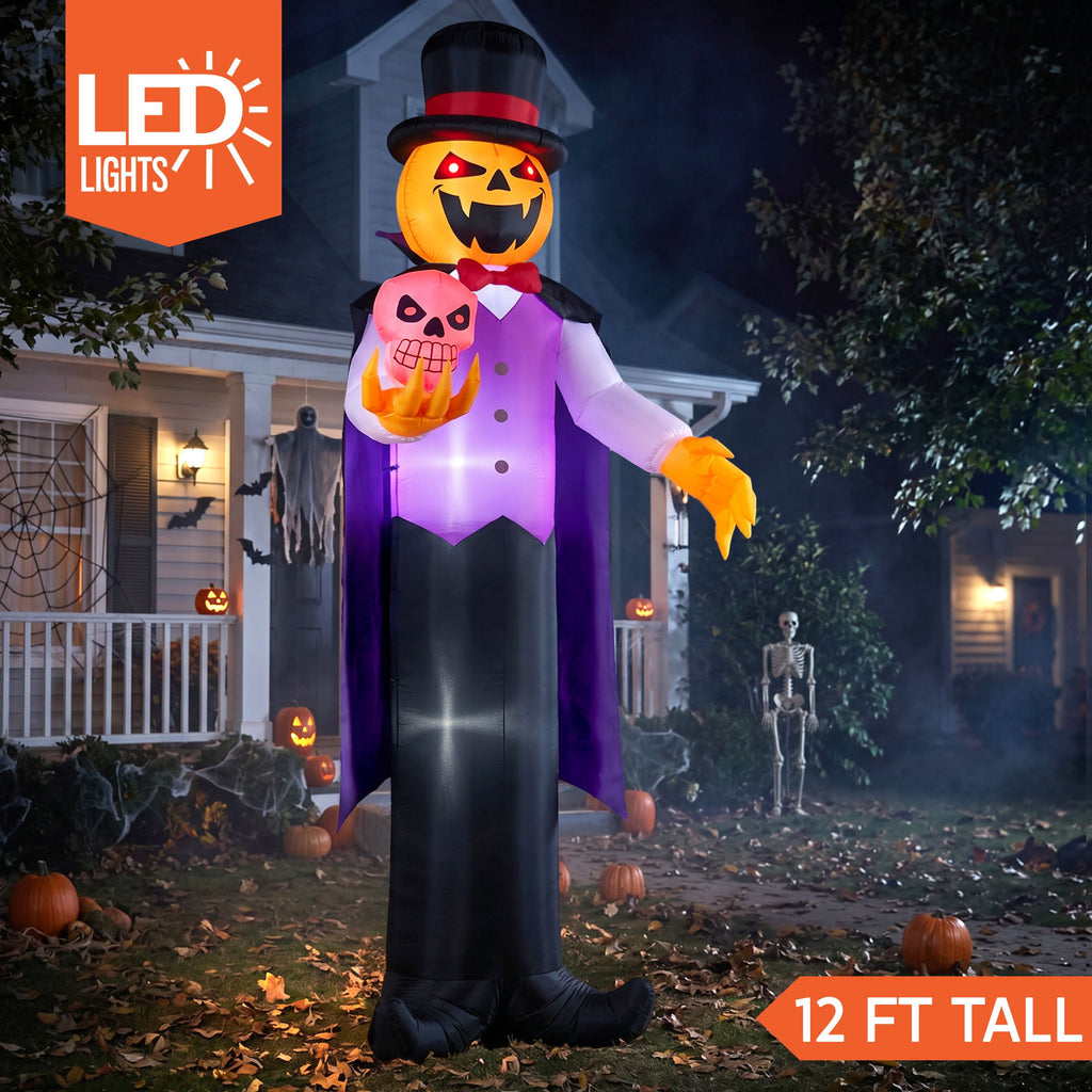 Joyfy 12 ft Giant Halloween Inflatable Pumpkin Ghost Vampire with Skull Decoration with Built-in LEDs, Ghost Halloween Decorations Outdoor Blow Up Yard Lawn Decoration
