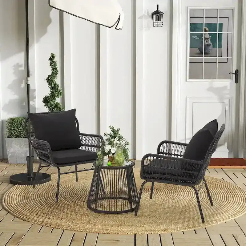 3-Piece Outdoor Rattan Bistro Set With Glass-Top Table, Wide-Arm Chairs And Seat Cushions