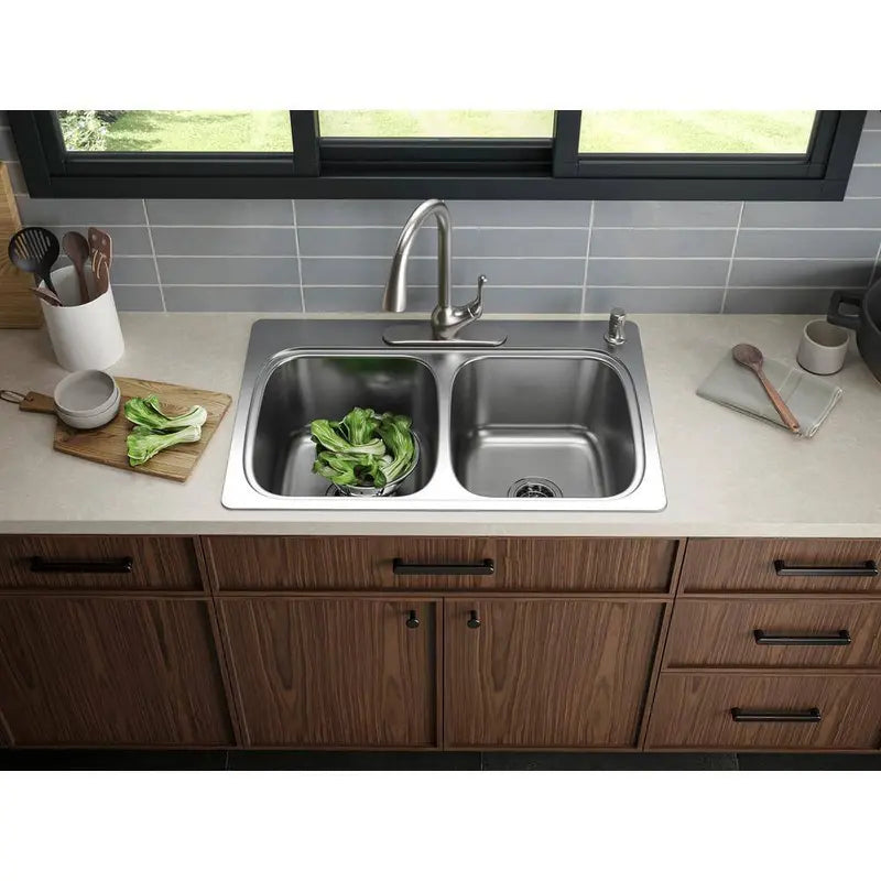 KOHLER Verse 33 in Drop-In Double Bowl 20 Gauge Stainless Steel Kitchen Sink, 4-Hole - K-RH5267-4-NA