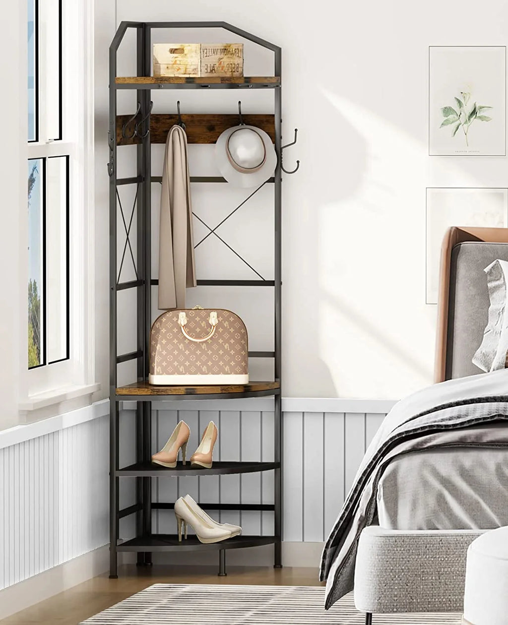 Corner Coat Rack Hall Tree With Shoe Bench, 6 Metal Hooks, Rustic Brown And Black, 17.72in x 17.72in x 72.05in