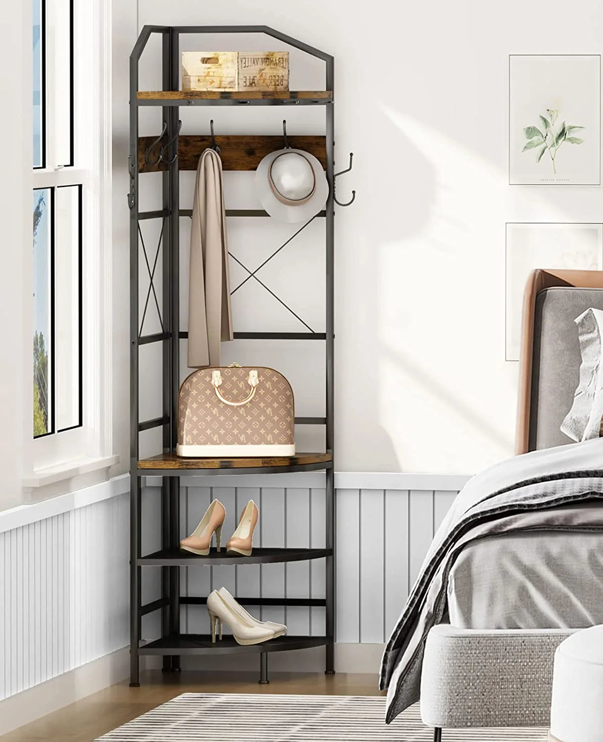 Corner Coat Rack Hall Tree With Shoe Bench, 6 Metal Hooks, Rustic Brown And Black, 17.72in x 17.72in x 72.05in