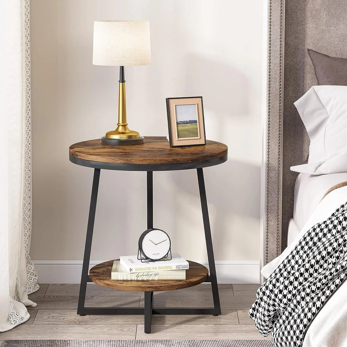 Industrial Round End Table With 2-Tier Storage