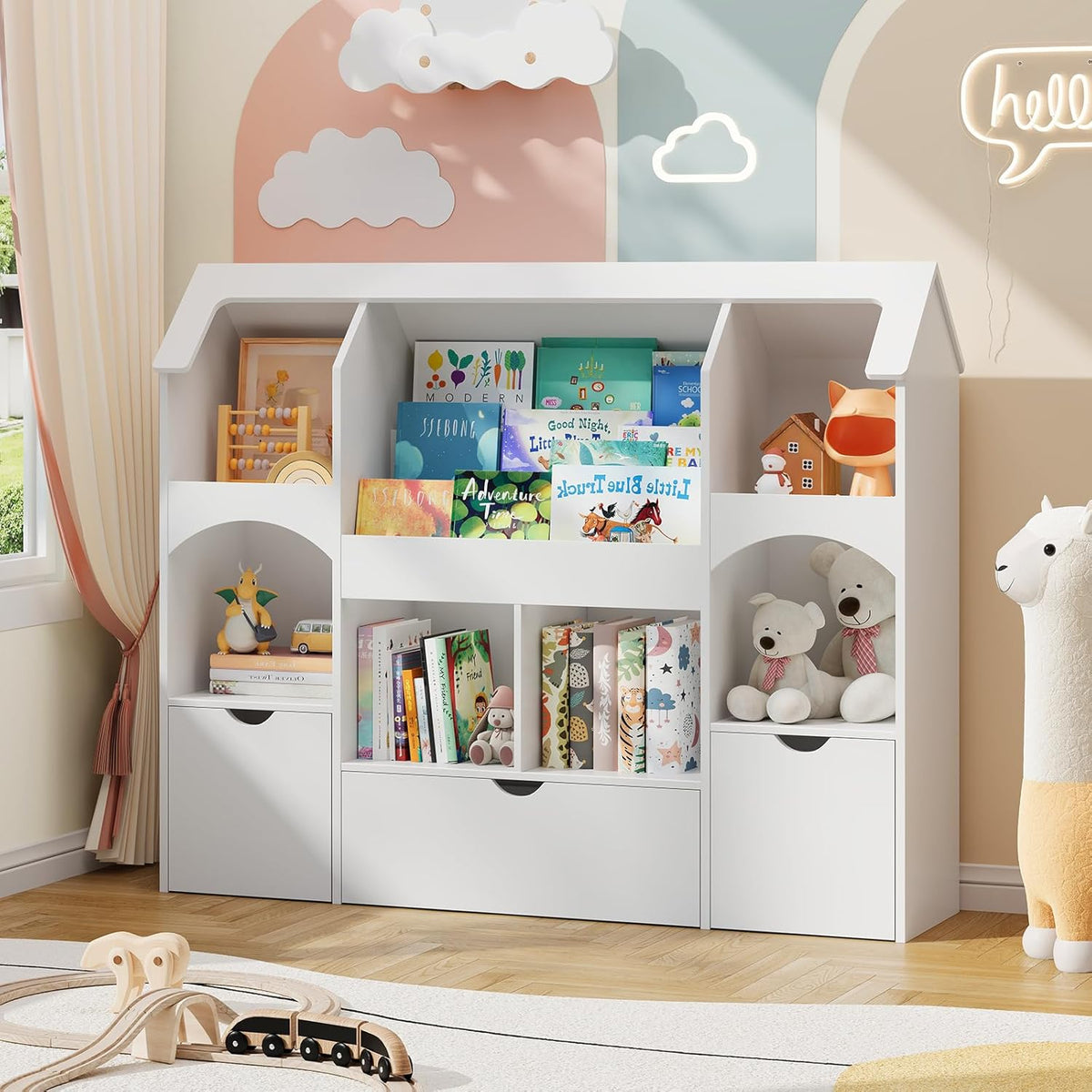Halitaa Kids Castle Bookshelf With Toy Storage, 3 Drawers, LED Lights, White, 49.2in W x 13.1in D x 40.2in H