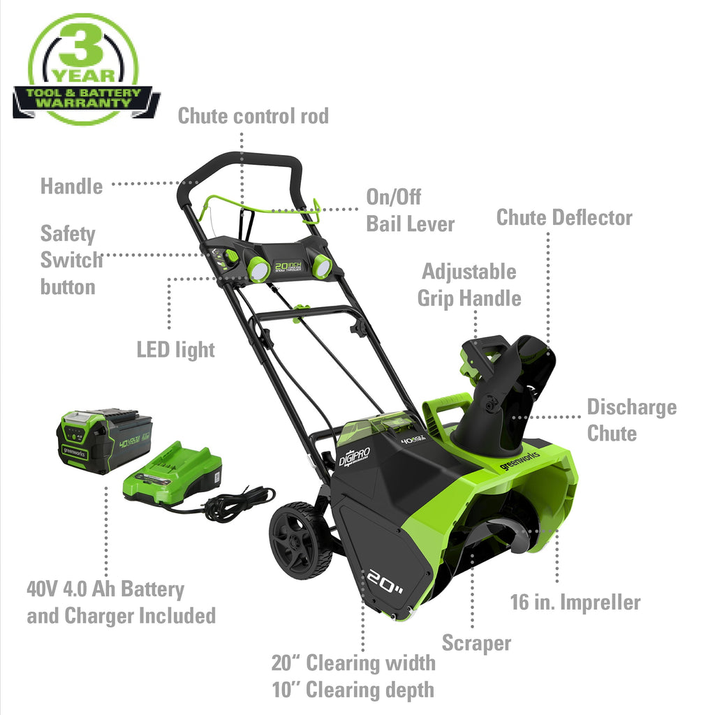 40V 20-Inch Cordless Brushless Snow Blower With 4.0 Ah Battery, Charger, LED Lights And 180 Degree Chute