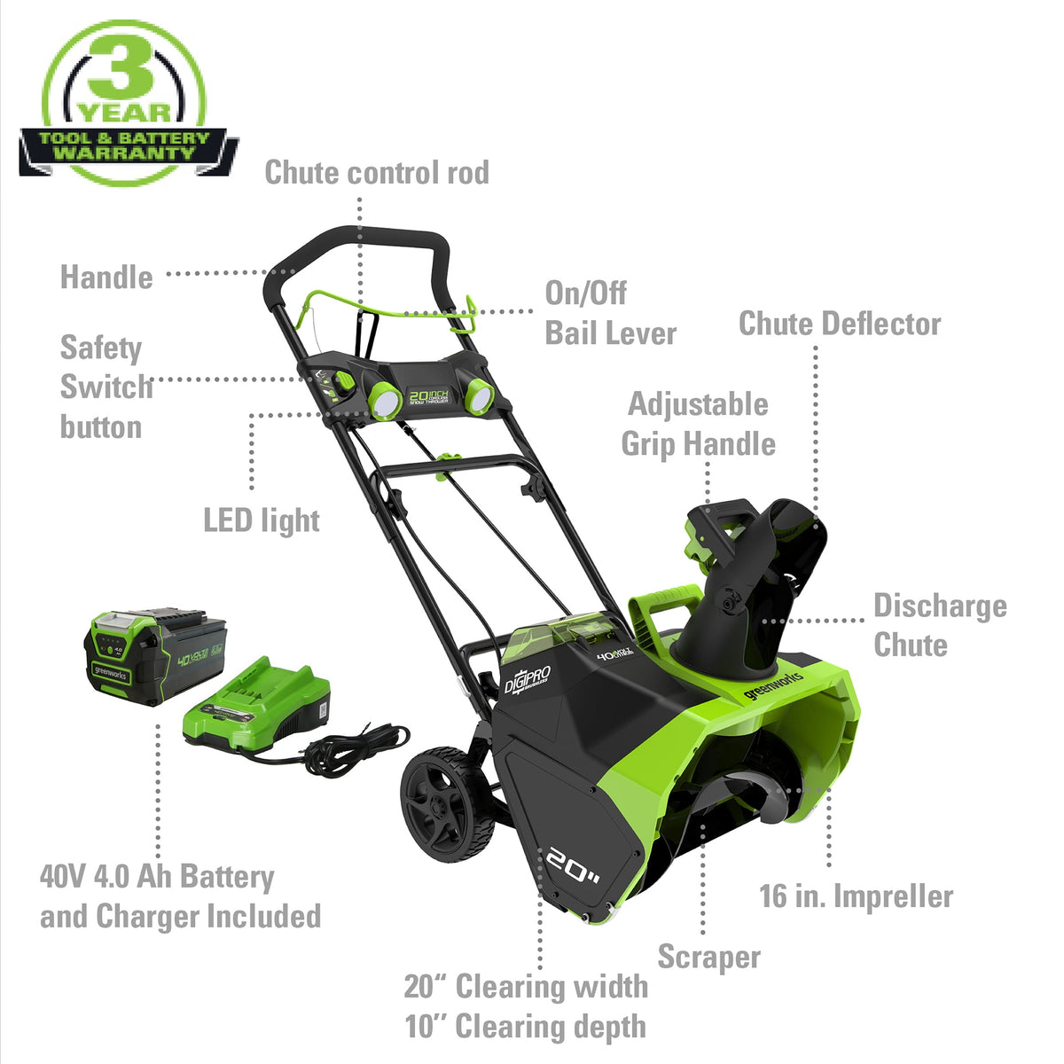 40V 20-Inch Cordless Brushless Snow Blower With 4.0 Ah Battery, Charger, LED Lights And 180 Degree Chute