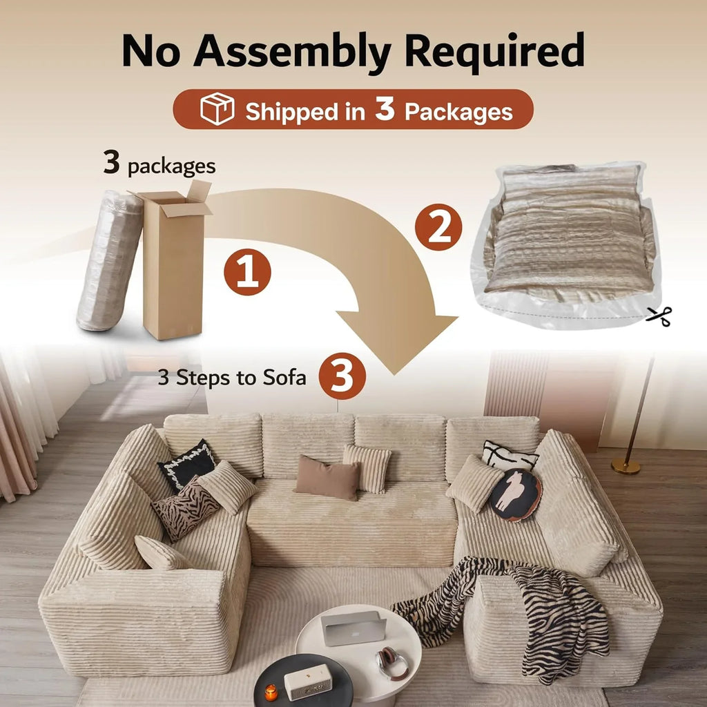ovios 104in L-Shape Sectional Sofa With Chaise, Grey Plush Corduroy Fabric