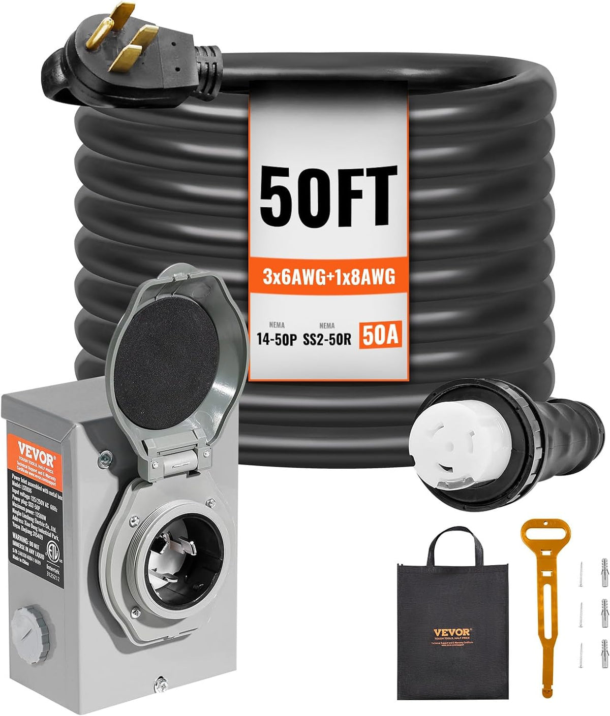 VEVOR 50 Amp Generator Cord And Power Inlet Box Kit, 50-Foot, NEMA 14-50P/SS2-50R, 6/3+8/1 AWG