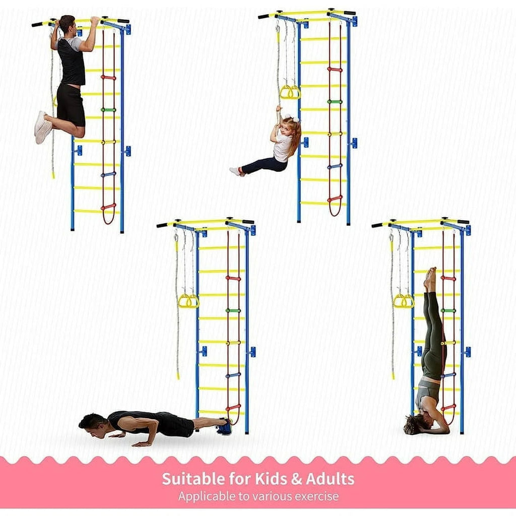 Cuoote Metal Wall Ladder Stall Bars Set With Pull-Up Bar, Climbing Rope And Gymnastic Rings - 5-In-1