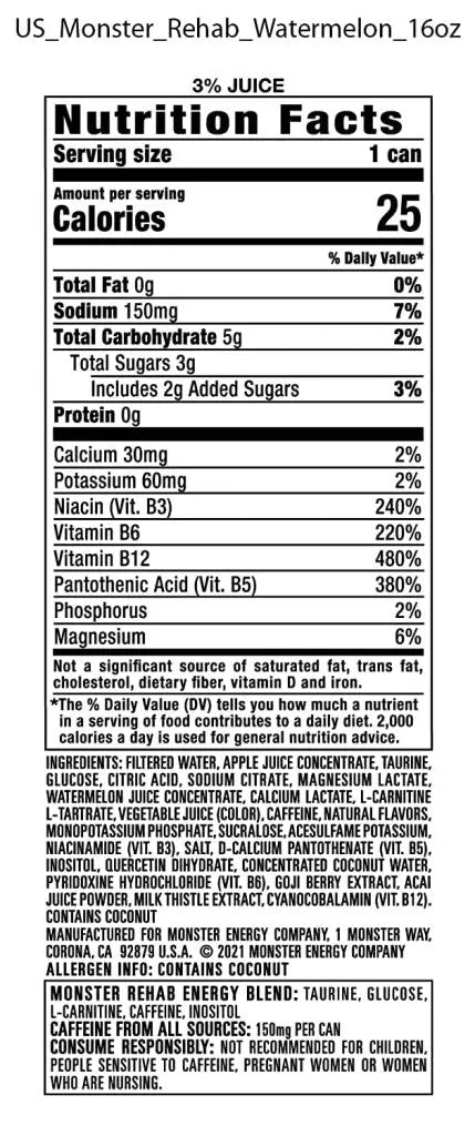 Monster Energy Rehab Watermelon Energy Drink, 15.5oz, 24-Pack, 150mg Caffeine